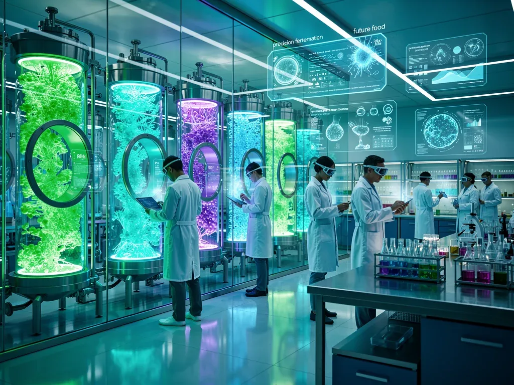 Scientists analyzing microbial cultures in bioreactors for precision fermentation food production.