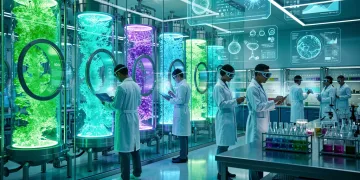 Scientists analyzing microbial cultures in bioreactors for precision fermentation food production.