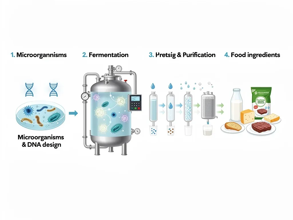 Diagram explaining the precision fermentation process from microorganisms to food ingredients.