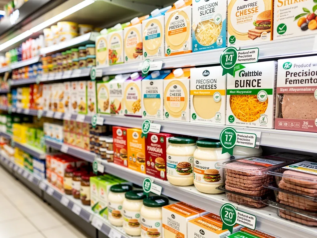 Supermarket shelf displaying various precision fermentation-derived food products.