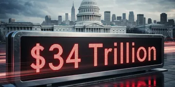 Illustration of $34 trillion US national debt impacting economy
