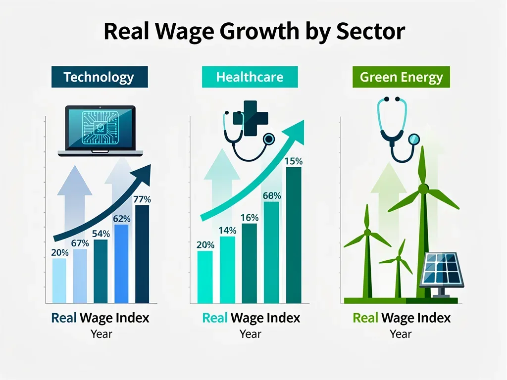 Infographic showing real wage growth trends across technology, healthcare, and green energy sectors.