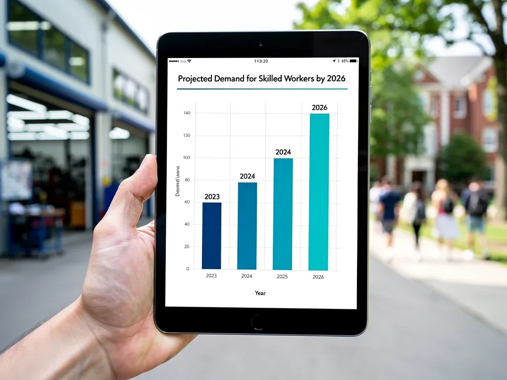 Digital tablet showing projected demand for skilled workers, with educational institutions in background.