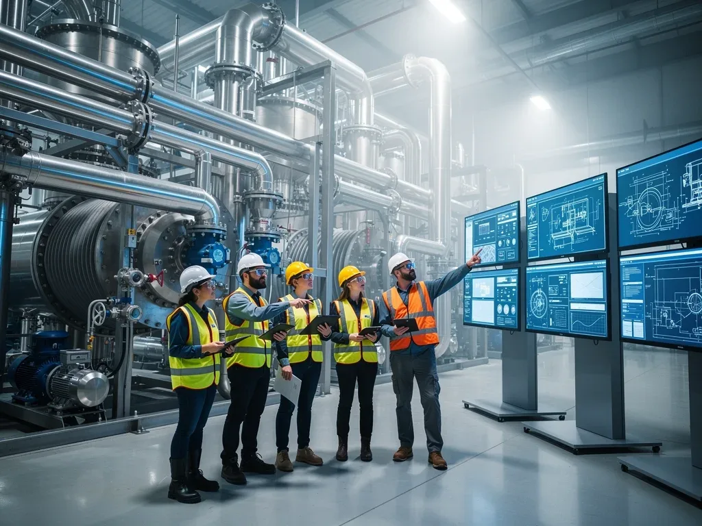 Engineers inspecting direct air capture technology components