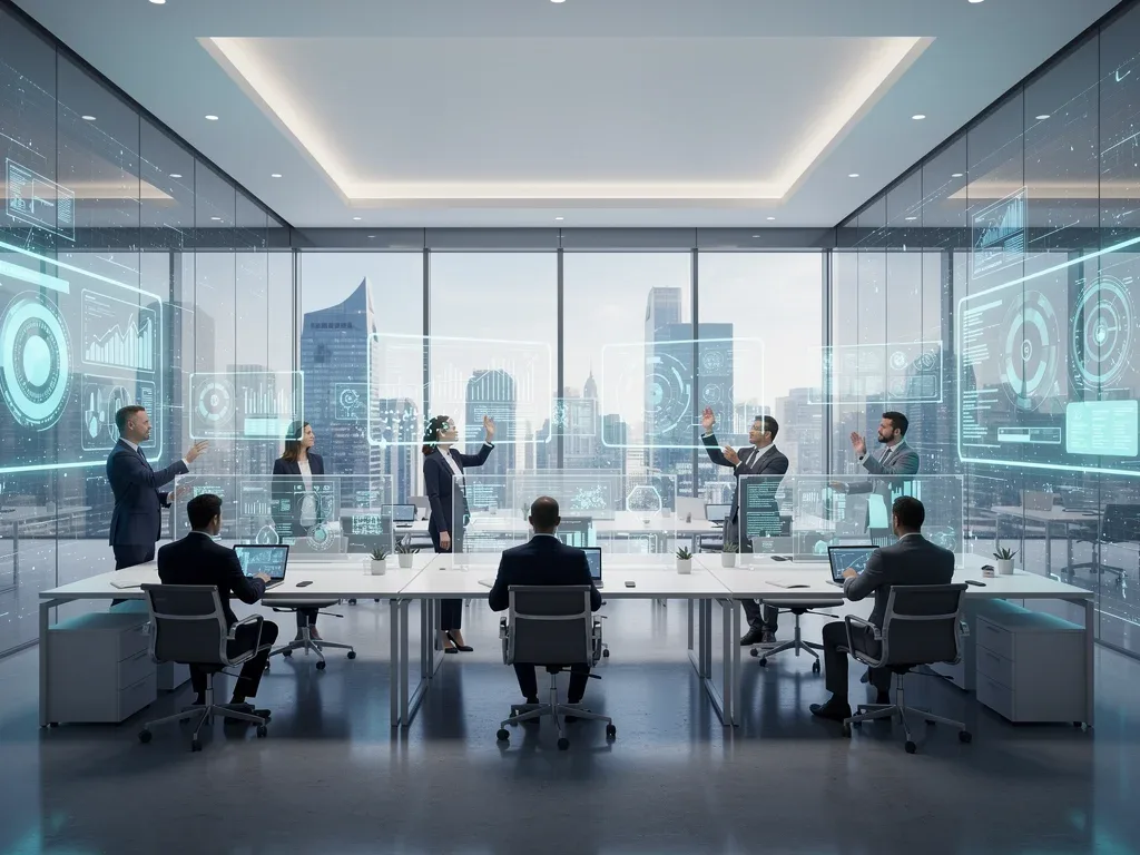 Futuristic office with spatial interfaces and micro-LED displays showing interactive data