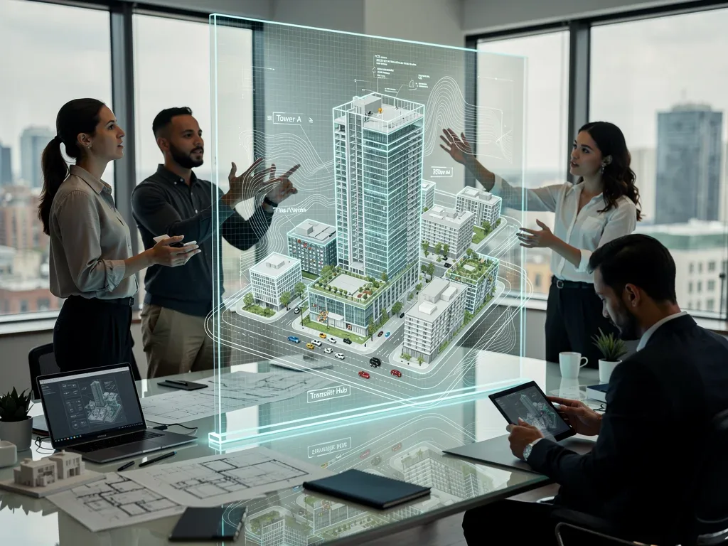 Architects collaborating with 3D models on a large transparent spatial display