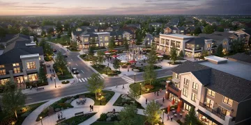 Aerial view of a walkable master-planned community at dusk
