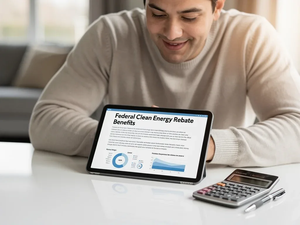 Homeowner reviewing federal clean energy rebate benefits.
