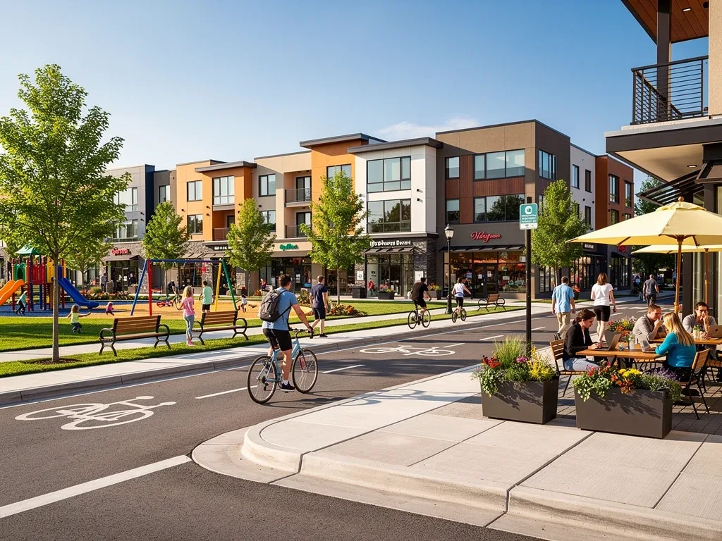 Residents enjoying walkable streets in a master-planned community