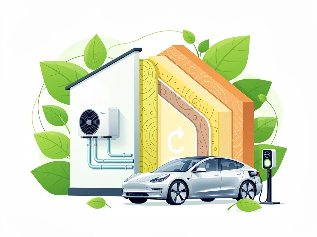 Illustration of energy-efficient appliances and home upgrades.