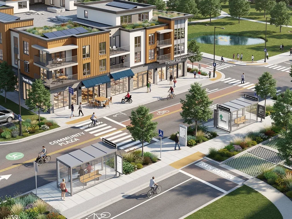 Mixed-use development in a master-planned community rendering