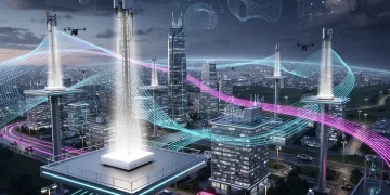 Futuristic 6G network infrastructure with glowing data streams and interconnected devices.
