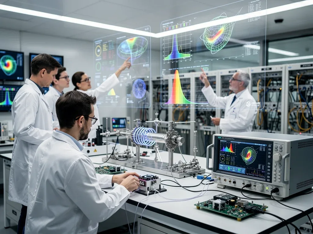 Engineers analyzing 6G terahertz wireless prototype equipment in a lab.