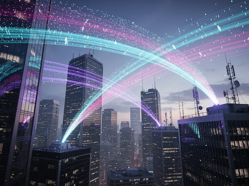 High-speed 100-Gbps data transfer visual over a city skyline.