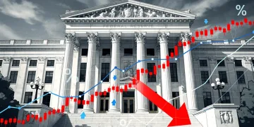 Federal Reserve building with downward trending financial charts