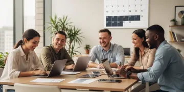Professionals thriving in a flexible 4-day workweek environment, enhancing productivity and well-being