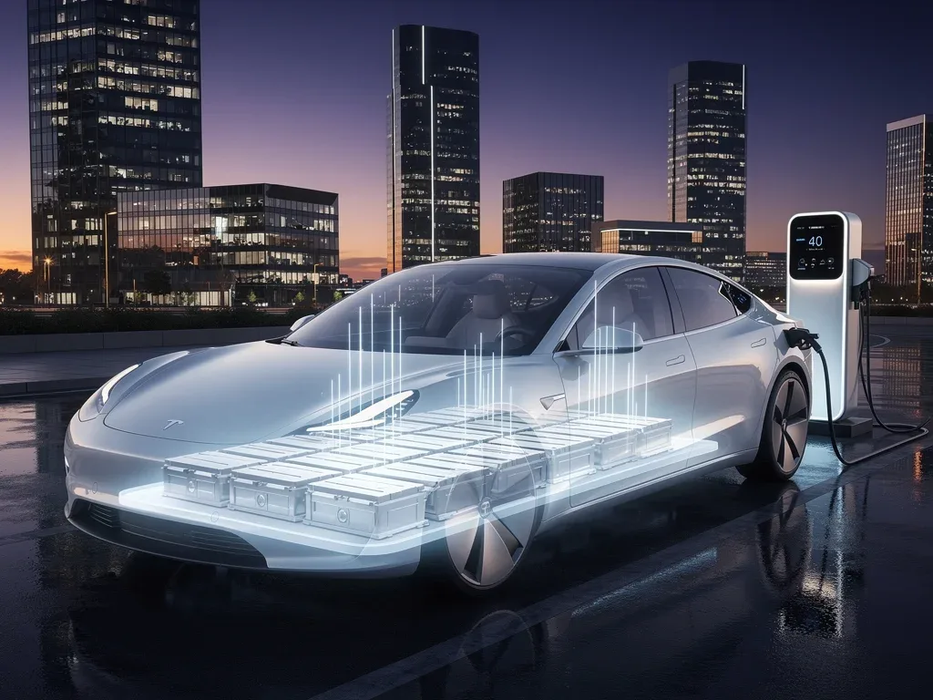 Futuristic electric vehicle with visible solid-state battery technology charging in a modern city.
