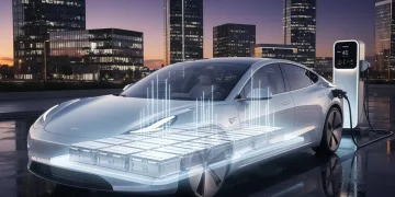 Futuristic electric vehicle with visible solid-state battery technology charging in a modern city.