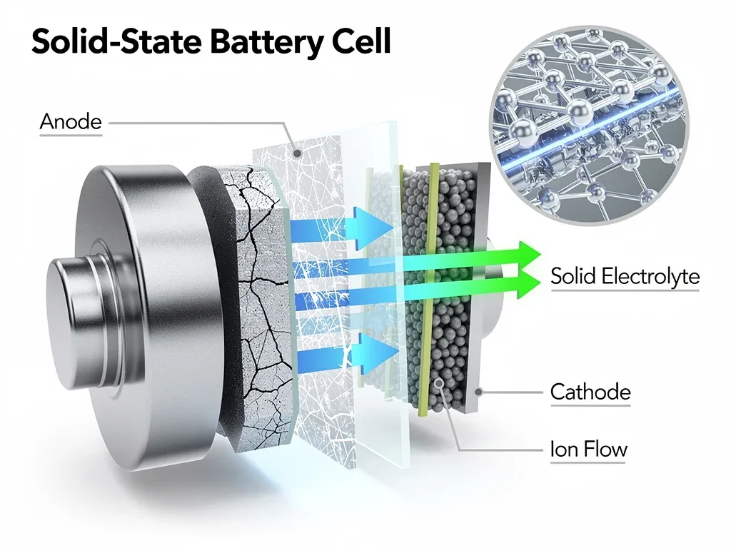 Detailed illustration of a solid-state battery cell structure and ion flow.