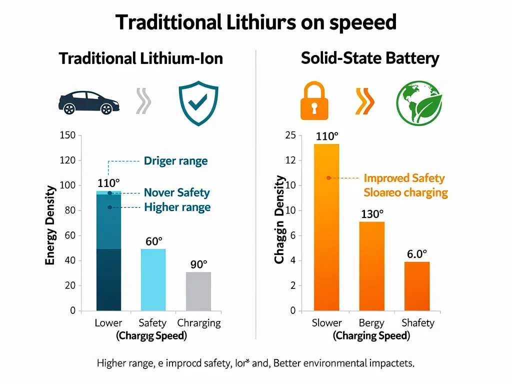 Infographic comparing lithium-ion and solid-state battery performance metrics.