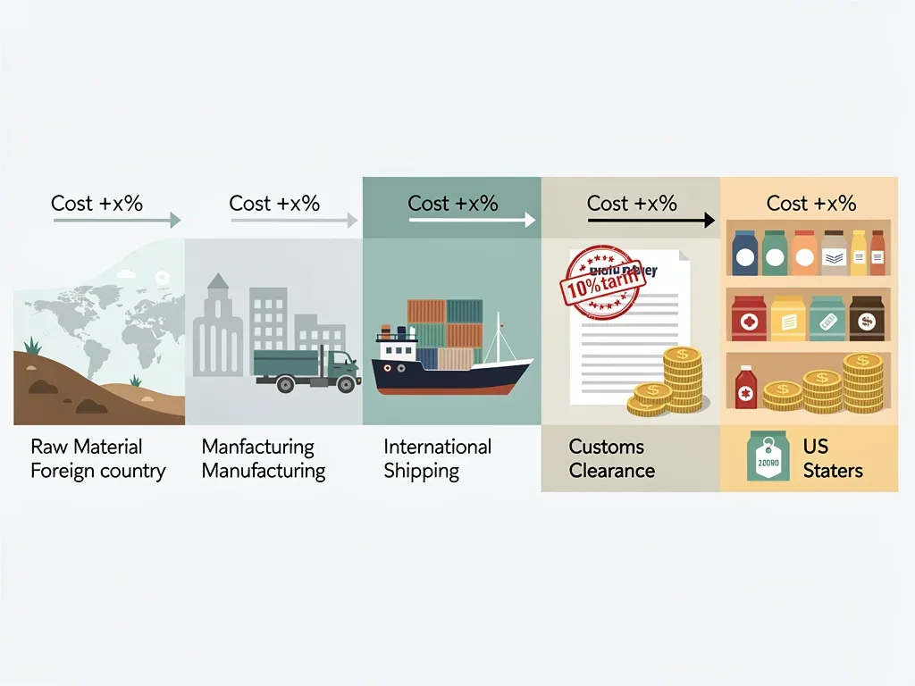 Supply chain diagram showing increased costs due to 10% import tariffs impacting retail prices.