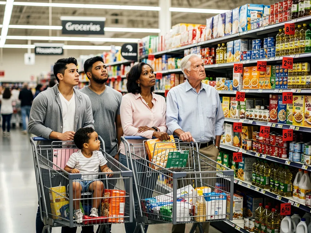 American consumers examining higher-priced goods on store shelves due to import tariffs.