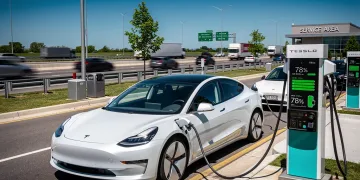 Electric vehicle rapidly charging at an ultra-fast station on an interstate.