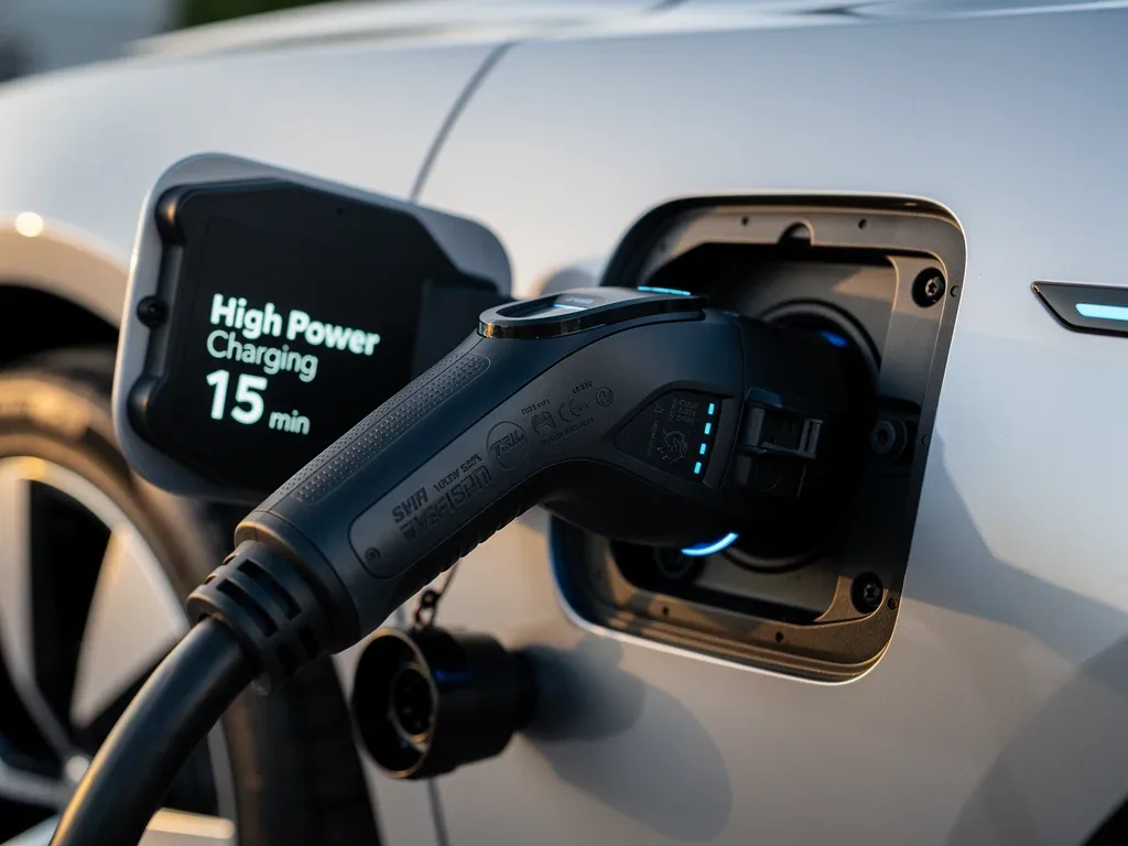 High-power EV charging cable and port for ultra-fast charging.