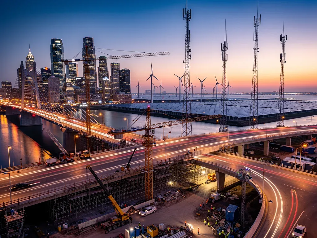 Modern infrastructure projects under construction, symbolizing the $1.2 trillion infrastructure push and economic growth.
