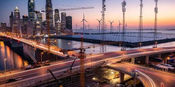 Modern infrastructure projects under construction, symbolizing the $1.2 trillion infrastructure push and economic growth.