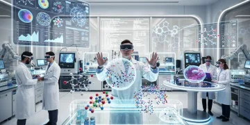 Scientists analyzing molecular structures on holographic displays, representing generative drug discovery