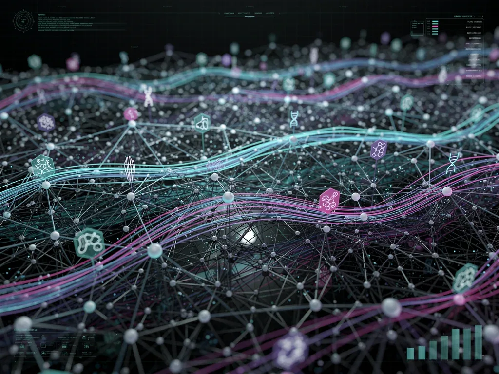 Complex computational network visualizing AI in drug discovery