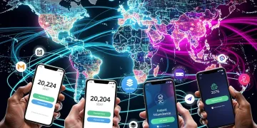 Global digital payment network with instant transactions flowing between diverse users.