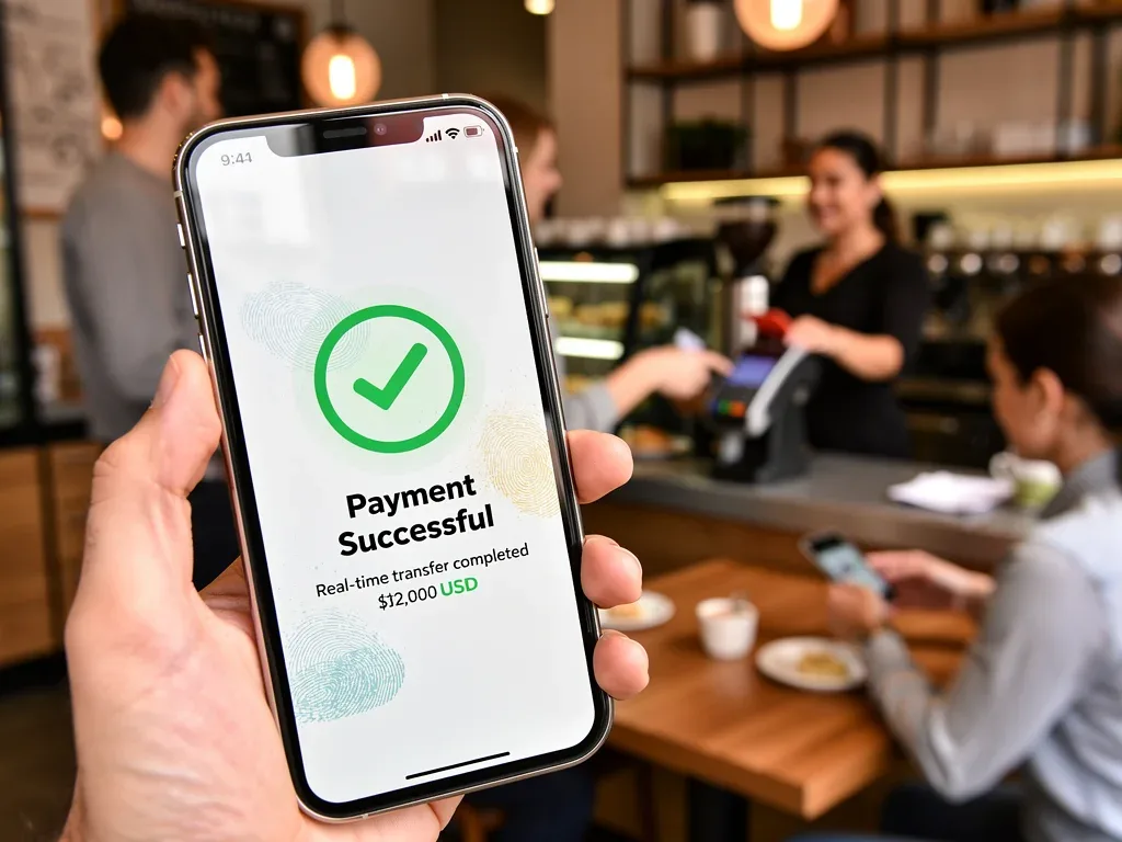 Smartphone showing instant payment confirmation in a modern urban setting.