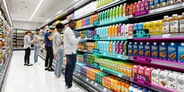 Alternative protein products dominating grocery aisle shelves in a modern supermarket.