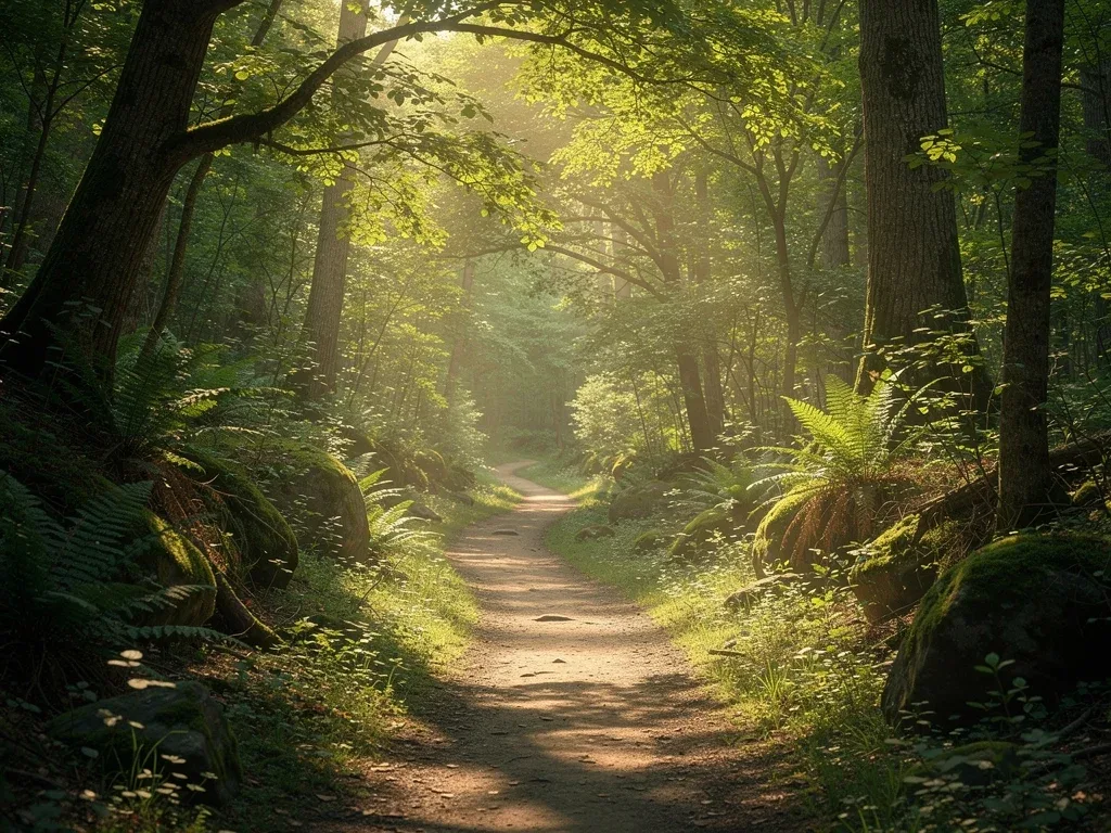 Empty forest hiking trail with sunbeams, showcasing peaceful nature exploration