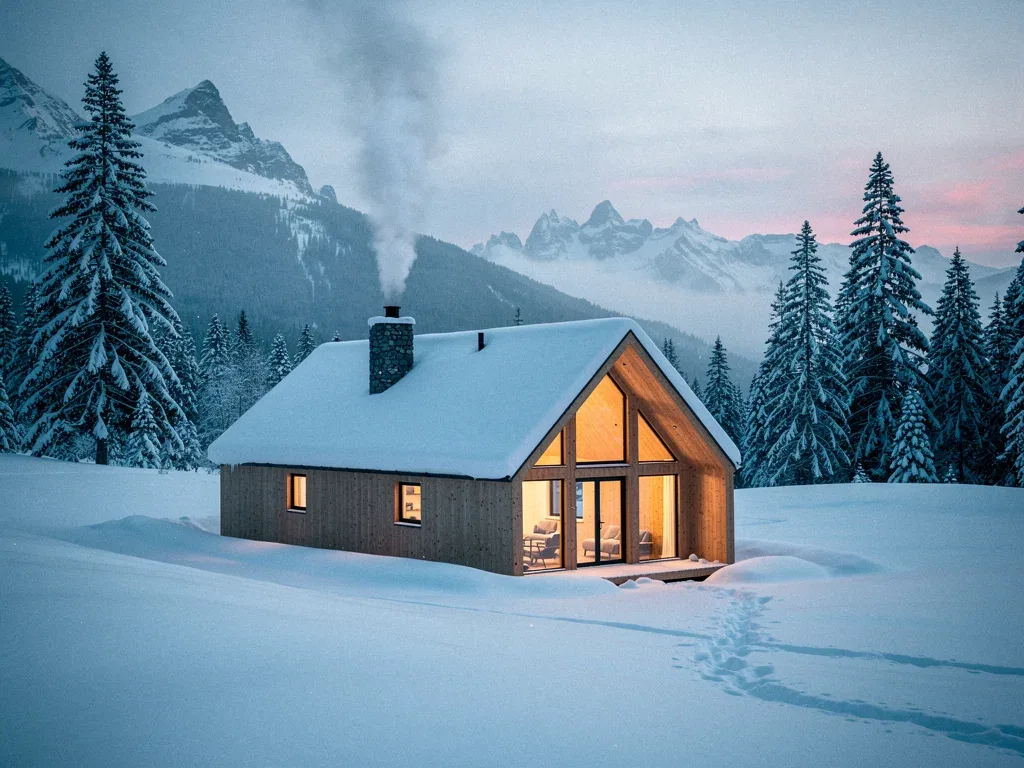 Cozy minimalist cabin in snowy mountains, depicting a peaceful retreat