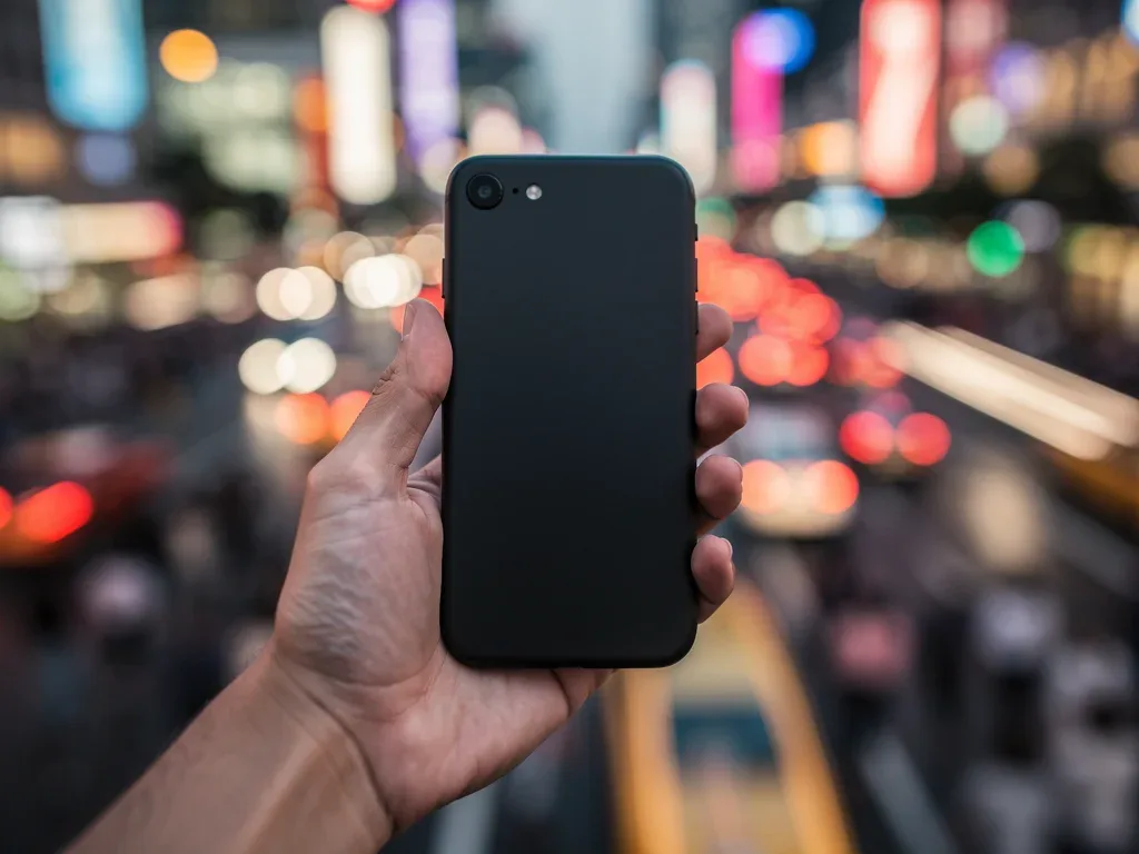 Minimalist phone held by a person in a busy urban setting, symbolizing digital detox
