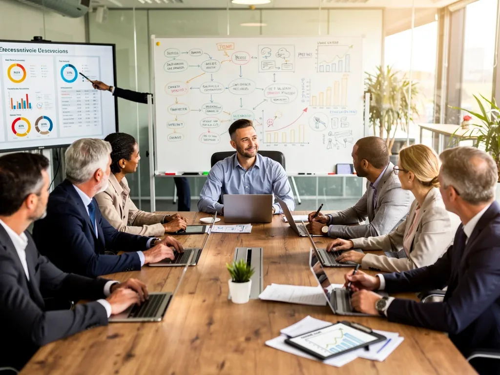 Diverse executives collaborating in a modern office, representing fractional leadership solutions for growth companies.