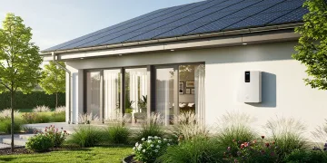 Modern home with solar panels and micro-battery storage system