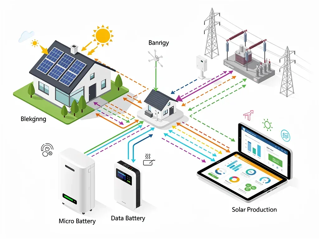 Diagram of a decentralized home energy network with solar and battery