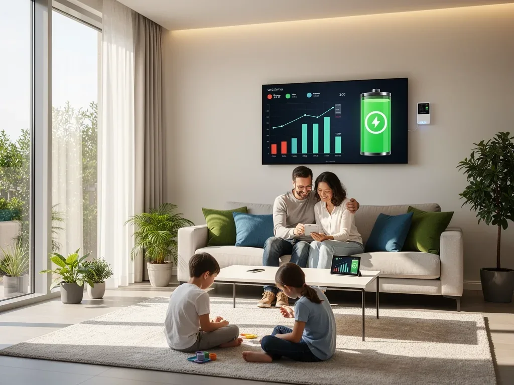 Family enjoying energy-efficient home with smart energy display