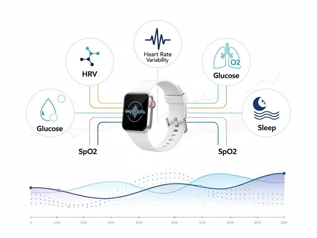 Infographic showing diverse biomarkers tracked by longevity wearables