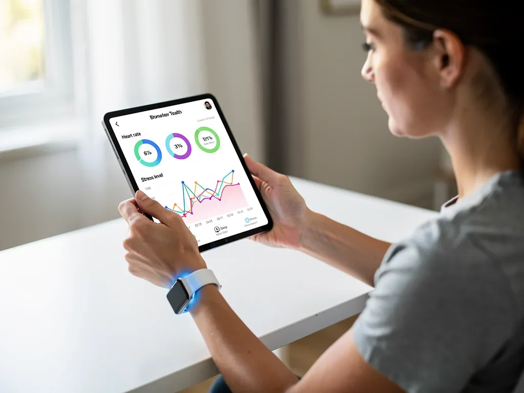 Individual analyzing personal health data from wearable on tablet