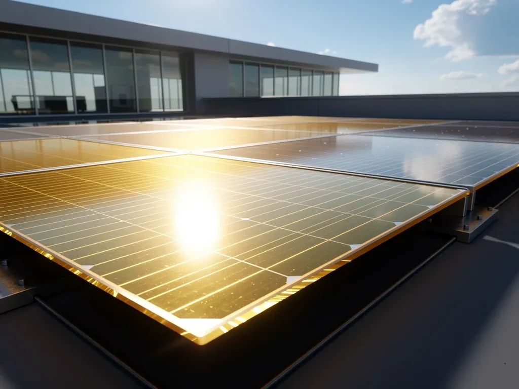 Perovskite-silicon tandem solar panel array on commercial building roof