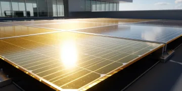 Perovskite-silicon tandem solar panel array on commercial building roof