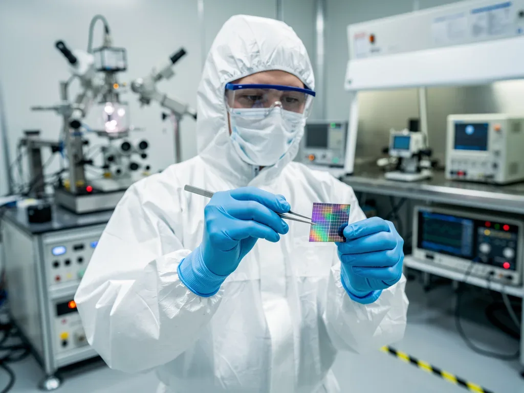 Scientist examining perovskite-silicon tandem solar cell in lab