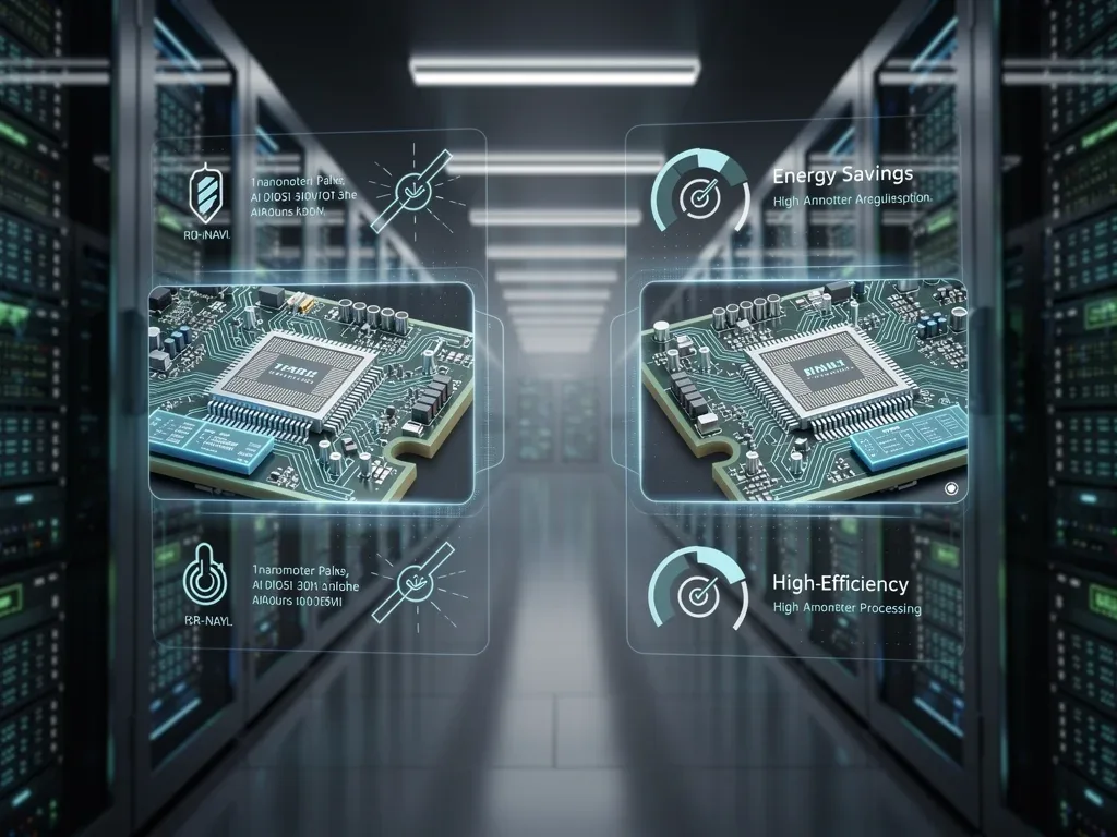 Futuristic data center with 1nm AI chipsets reducing power demands