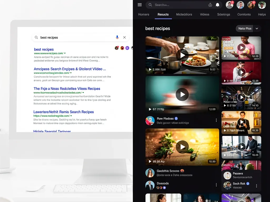 Comparison of traditional search results vs. video platform interface