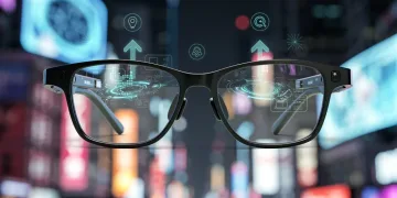 Sleek smart glasses with integrated display showing augmented reality overlay